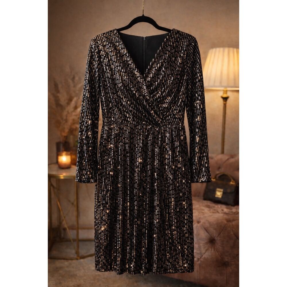 Julia Jordan Black Velvet Sequin Faux Wrap Cocktail Dress Long Sleeve Size 12